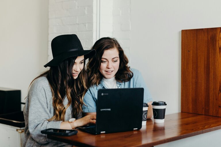 2 people broawing through a computer website.